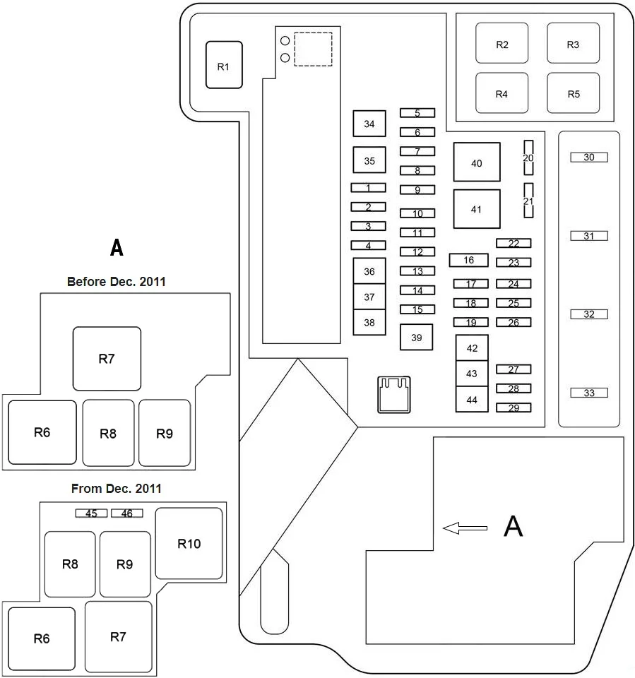 Toyota Prius (XW30) (2009-2015) - schematy bezpieczników i przekaźników