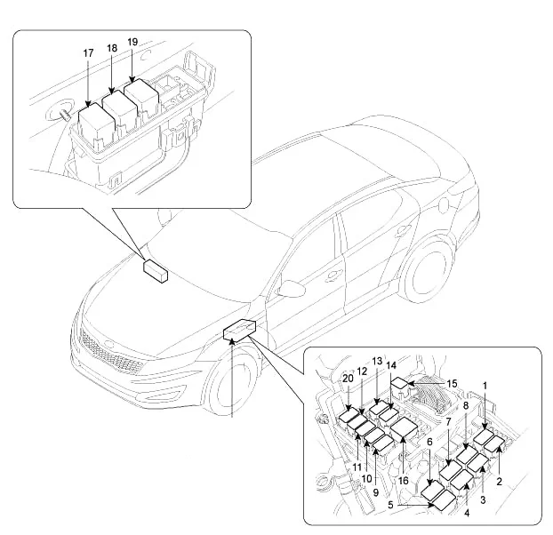 Kia Optima TF (2011-2013) - schematy bezpieczników i przekaźników