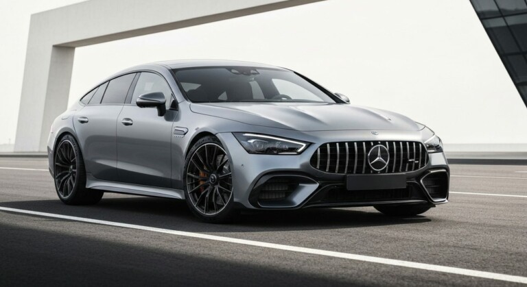 Nowoczesny elektryczny samochód sportowy Mercedes-AMG GT z wyraźnie zarysowanymi liniami karoserii.