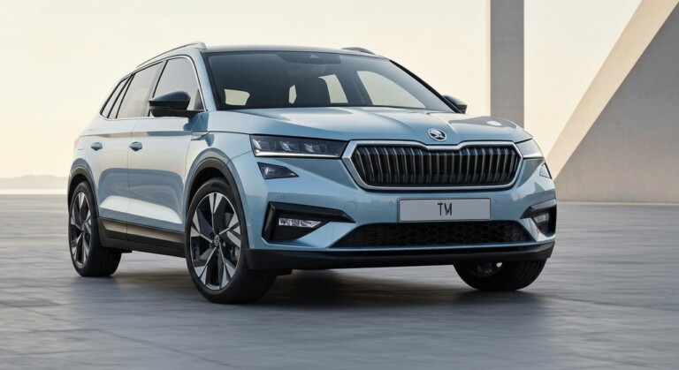 Elektryczny miejski SUV Skoda Epiq w nowoczesnym otoczeniu, widziany z przodu i boku.