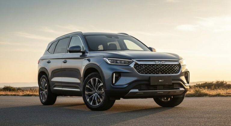 Nowoczesny, siedmioosobowy SUV BYD Ti7 o opływowej sylwetce, ukazany w pełnym świetle.