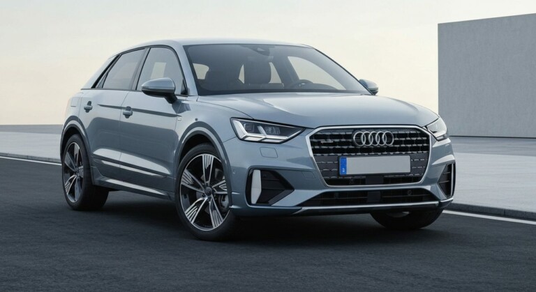 Kompaktowy, elektryczny crossover SUV o nowoczesnym designie, stojący na drodze przed miejskim tłem.