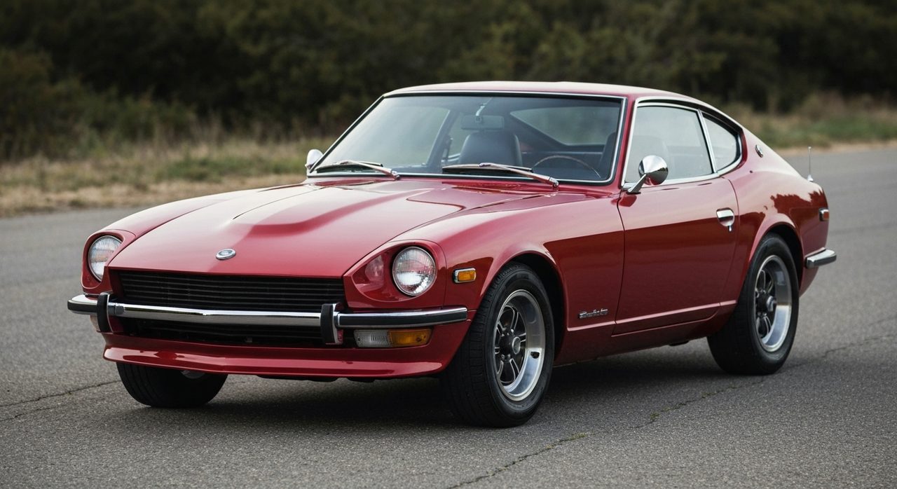 Sportowe coupé z lat 70. z długą maską, dwoma drzwiami i charakterystyczną linią dachu typu fastback.