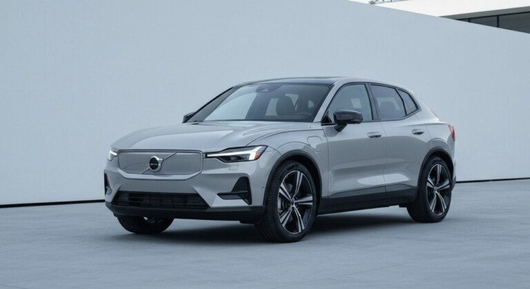 Nowoczesny, biały elektryczny SUV Volvo EX60 w ruchu, widoczny z boku na drodze.