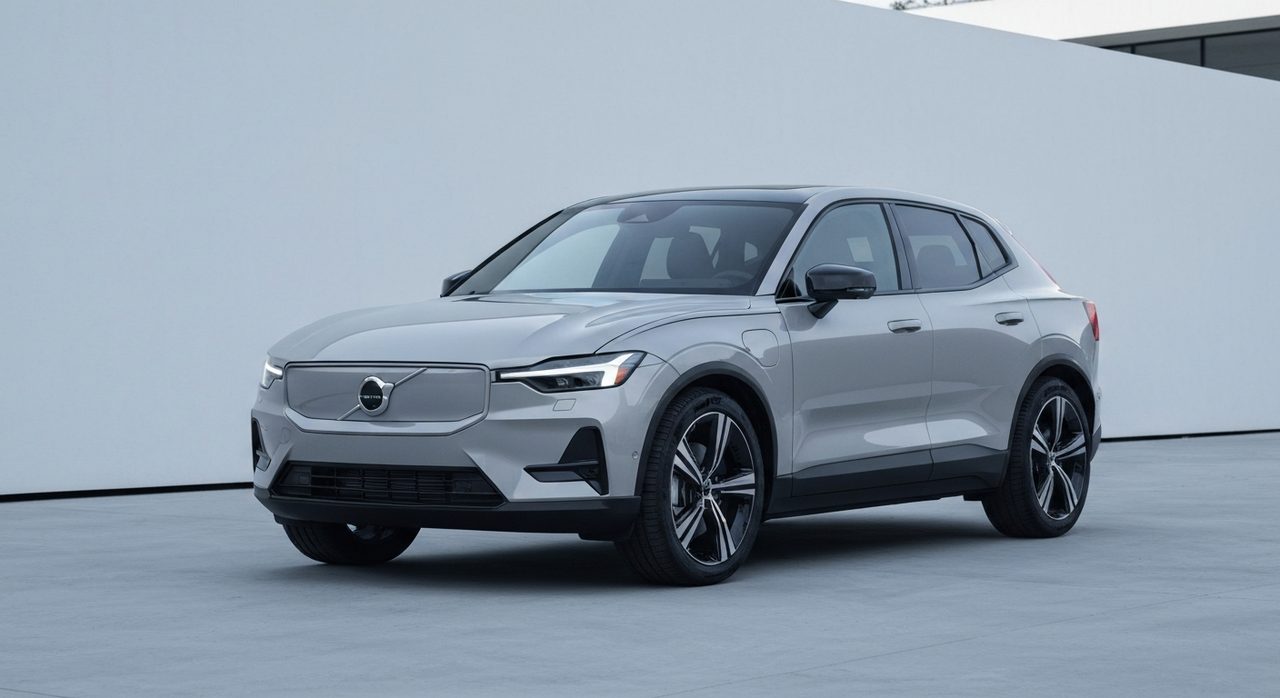 Nowoczesny, biały elektryczny SUV Volvo EX60 w ruchu, widoczny z boku na drodze.