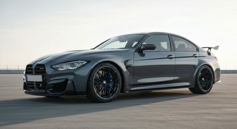 Wnętrze sportowego BMW M3 CS z wyraźnie widoczną dźwignią manualnej skrzyni biegów.