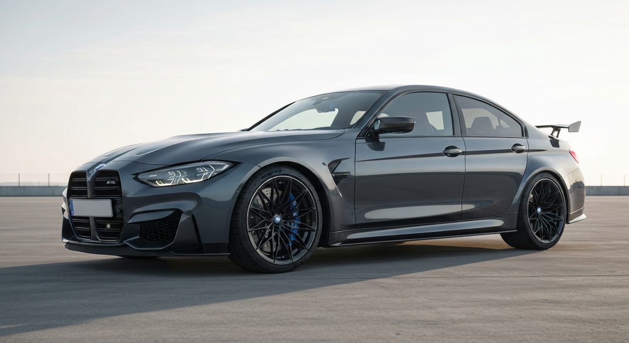 Wnętrze sportowego BMW M3 CS z wyraźnie widoczną dźwignią manualnej skrzyni biegów.