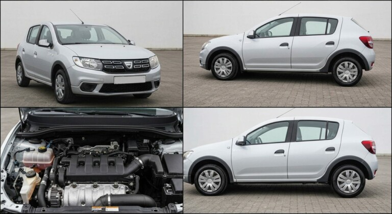 Dacia Sandero II zaparkowana na ulicy, widoczna z przodu pod lekkim kątem.