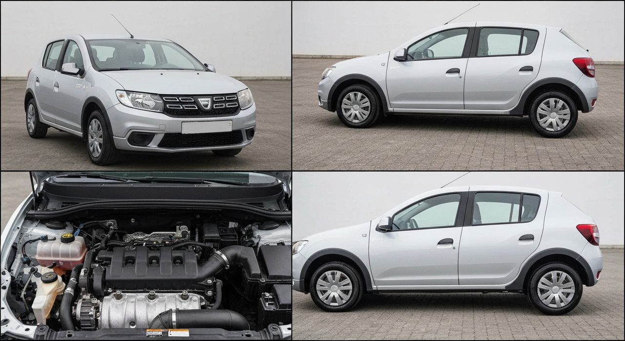 Dacia Sandero II zaparkowana na ulicy, widoczna z przodu pod lekkim kątem.