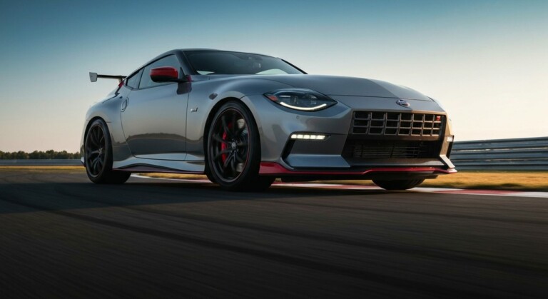 Nissan Z NISMO 2027 na torze wyścigowym w ruchu, prezentujący sportową sylwetkę i ulepszone osiągi.