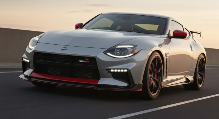 Sportowe coupe Nissan Z NISMO z agresywną stylistyką nadwozia, zaparkowane na zewnątrz.