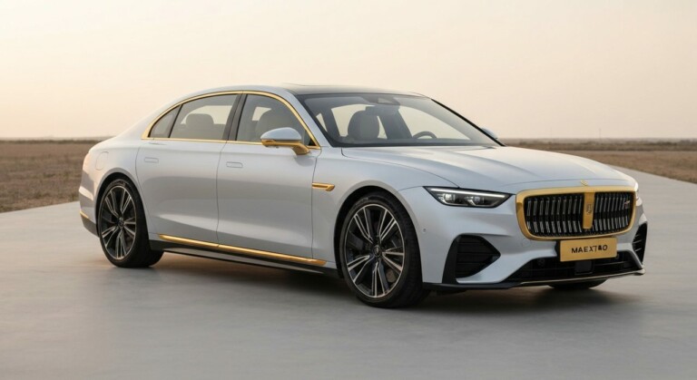 Złoty luksusowy sedan Maextro S800 z dwukolorowym nadwoziem i wykończeniem z prawdziwego złota.
