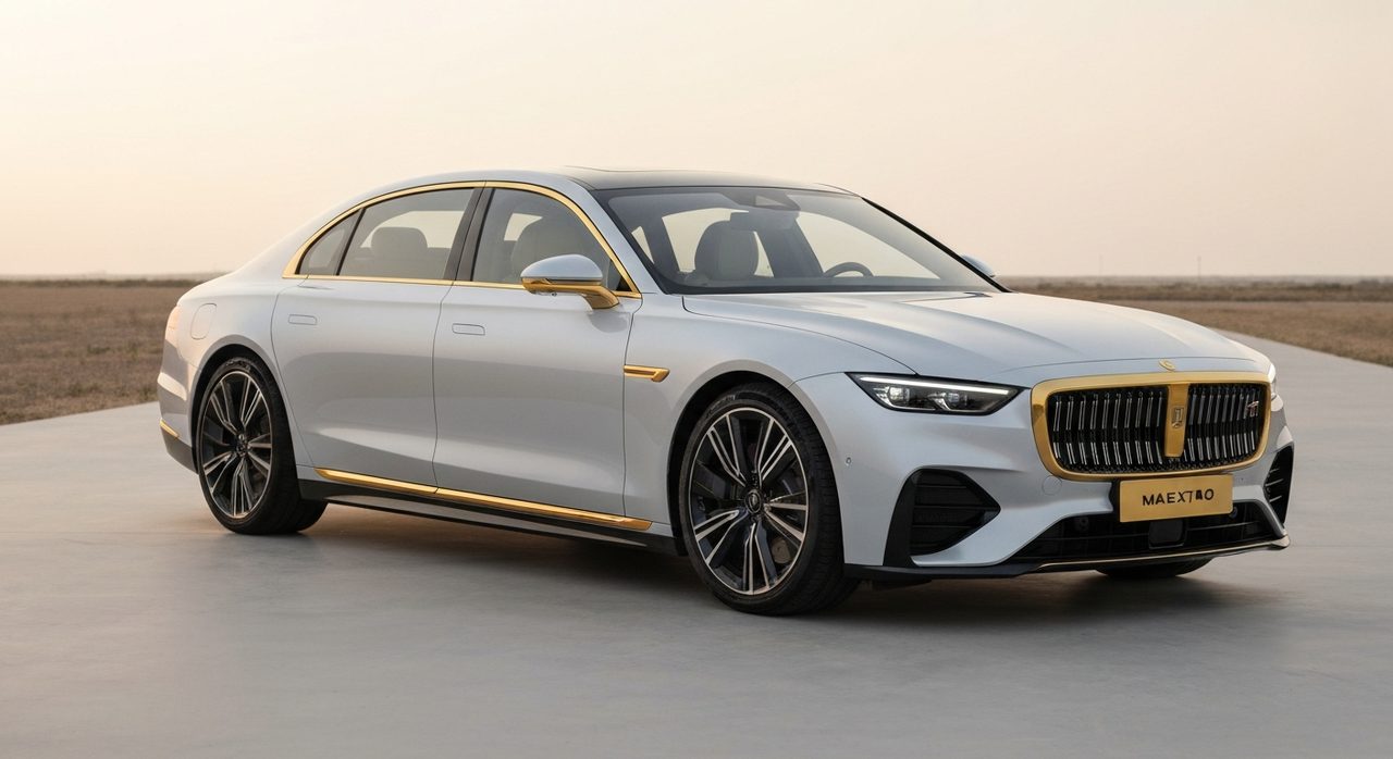 Złoty luksusowy sedan Maextro S800 z dwukolorowym nadwoziem i wykończeniem z prawdziwego złota.