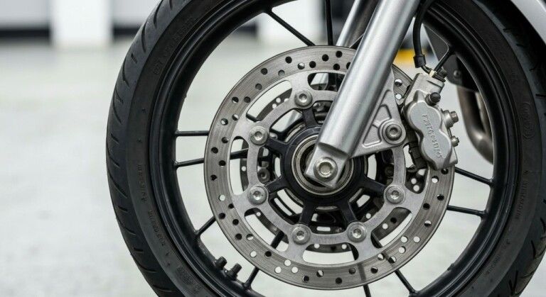 Zbliżenie na przednie koło motocykla z tarczą i zaciskiem hamulcowym na tle szarego asfaltu.