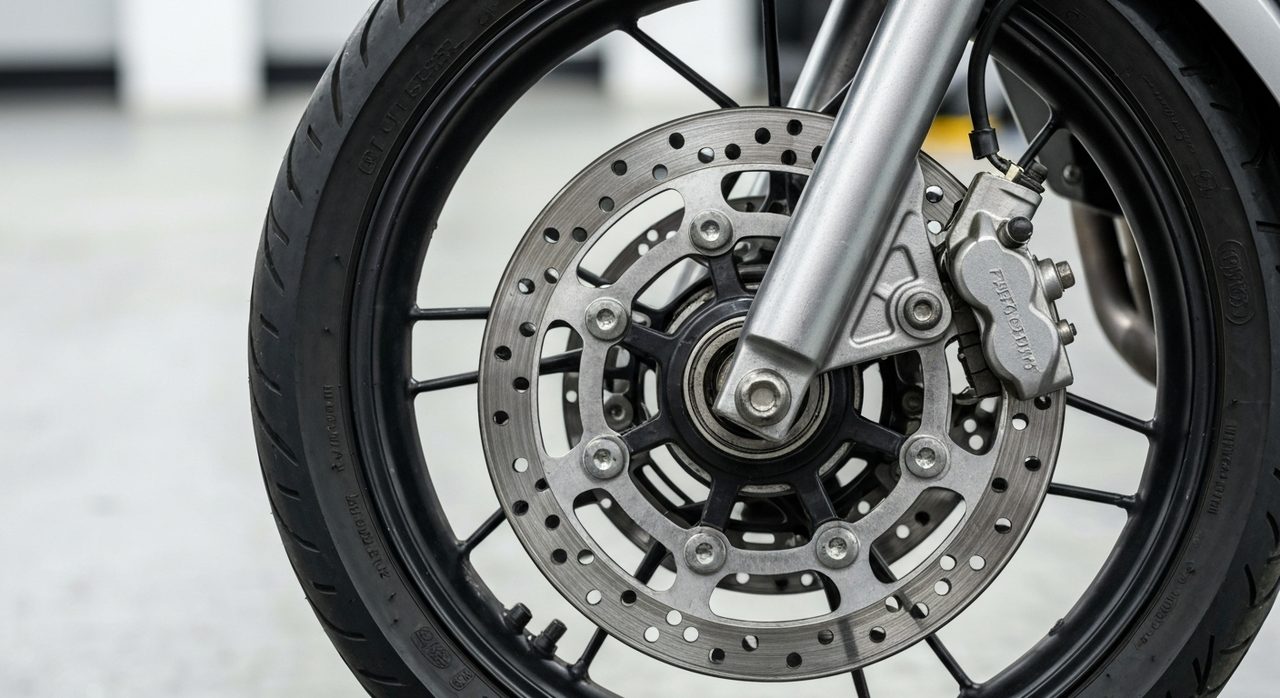 Zbliżenie na przednie koło motocykla z tarczą i zaciskiem hamulcowym na tle szarego asfaltu.