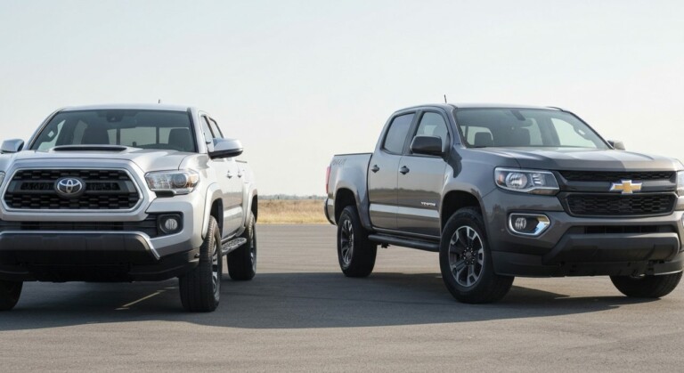 Toyota Tacoma i Chevrolet Colorado stoją obok siebie, prezentując swoje nowe modele pickupów.
