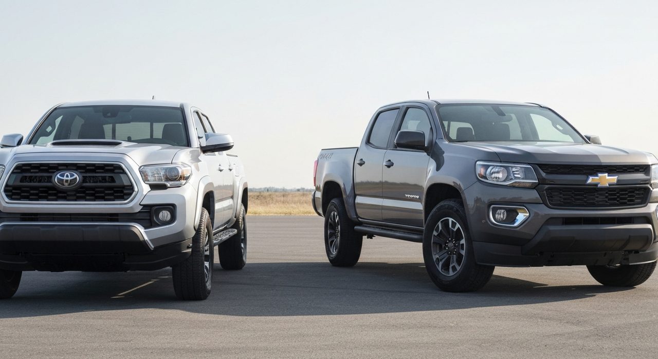 Toyota Tacoma i Chevrolet Colorado stoją obok siebie, prezentując swoje nowe modele pickupów.