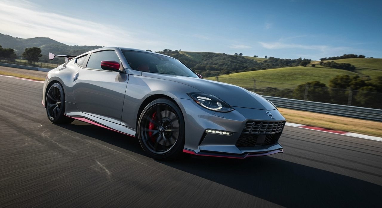 Sportowe coupe Z Nismo pokonujące ostry zakręt na torze wyścigowym Sonoma.