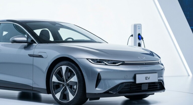 Srebrny samochód elektryczny podłączony do publicznej stacji ładowania na parkingu.